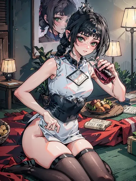 (2d style:1.2), (artwork:1.2), lineart, by (Satoshi Kon:1.2) (masterpiece, best quality), (blushing) , drunk, mature woman, 25 yo, shadowheart, black hair, braided ponytail, green eyes, glowing green eyes , circlet, woman beside a campire, holding two glas...