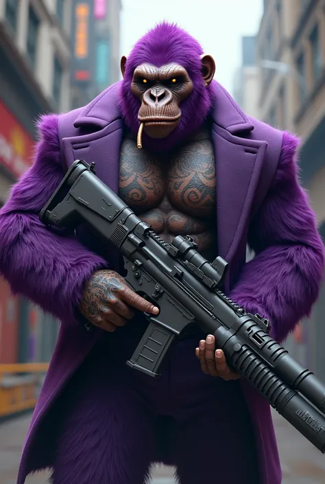 Purple Ape, with giant weapons, in gangster suit, tattooed and smoking