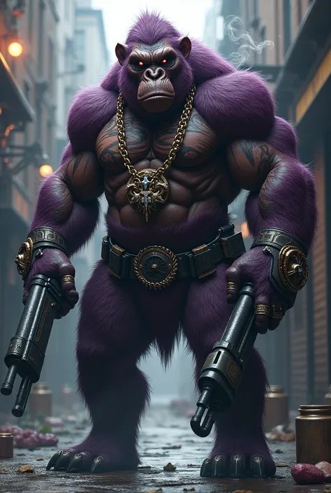 Purple Ape, with giant weapons, in gangster suit, tattooed and smoking, with diamond and gold rings on their fingers and chains