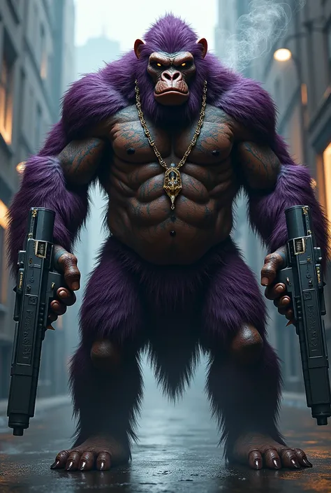 Purple Ape, with giant weapons, in gangster suit, tattooed and smoking, with diamond and gold rings on their fingers and chains