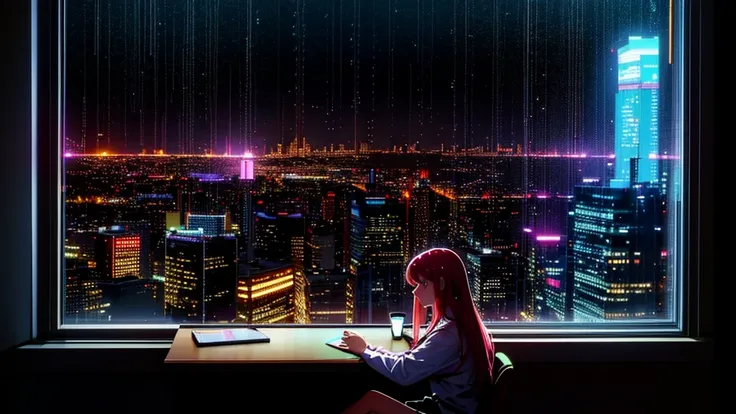 Big Cyberpunk bedroom apartment, big window overlooking a cyberpunk city at night, raining, Sitting at desk window silhouette