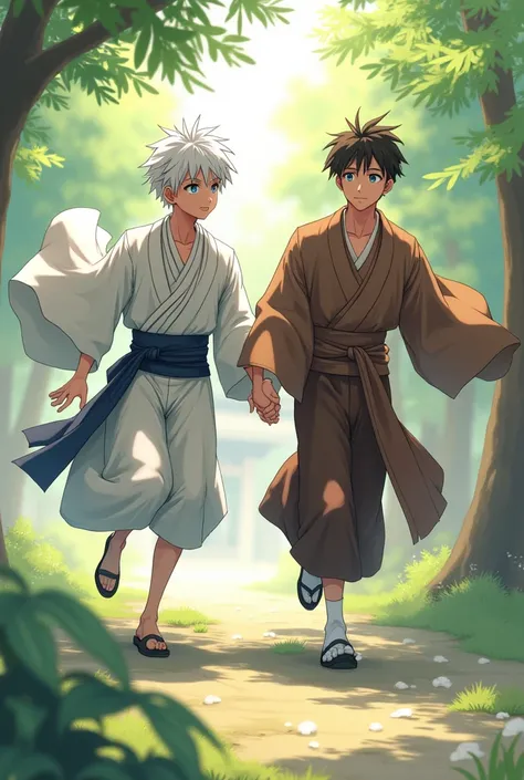 A handsome young man with short white hair and blue eyes wearing a shrine maiden outfit、Running hand in hand with a handsome young man with brown eyes and wearing a brown kimono