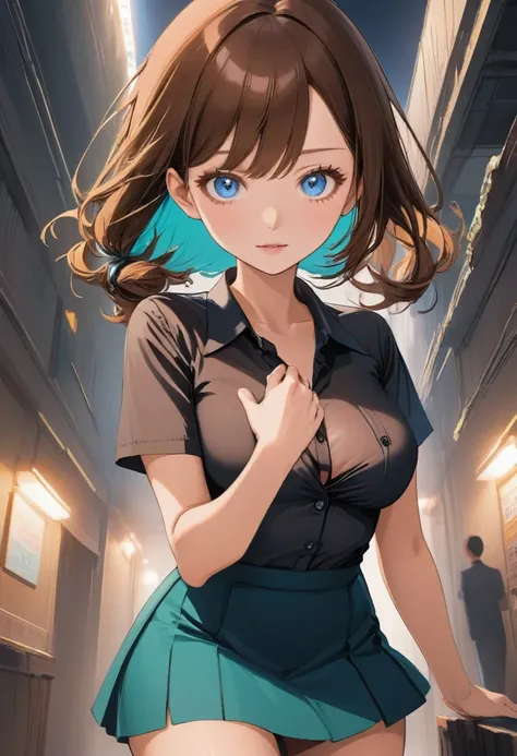 ((close_shot)),1girl,large breasts,sweat,(cleavage),((clear eyes,blue eyes)),
BREAK medium hair,(brown hair),side ponytail,expressionless,groomed eyebrows,(looking down:1.3),faint lips,
BREAK short sleeved,dress shirt,(open shirt),mini skirt,panty around o...