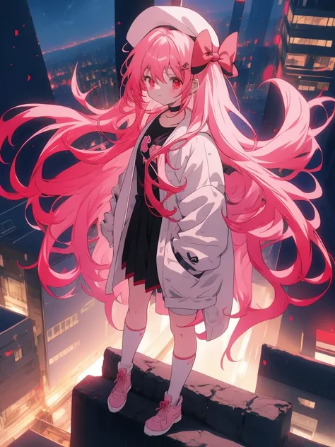 anime girl with long pink hair and red eyes standing in front of a city, best anime 4k konachan wallpaper, anime style 4 k, badass anime 8 k, 4k anime wallpaper, anime wallpaper 4 k, anime wallpaper 4k, anime art wallpaper 8 k, anime art wallpaper 4k, anim...