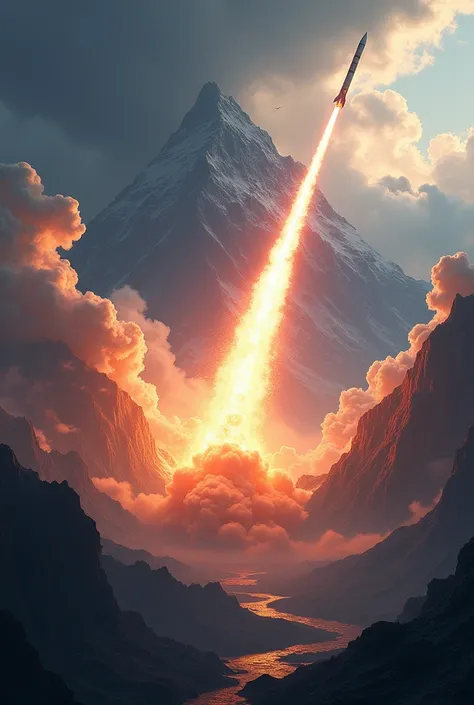 Rockets hitting to mountain and bursting 
 hyper realistic imagine 