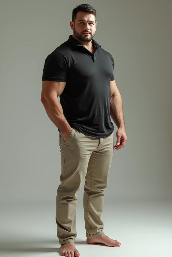 a naked man alone ,Black short polo shirt with chinos, with big and thick penis,White skin,sweating 