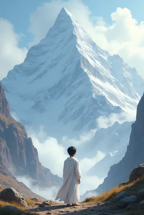 Kalyug Mountain And a boy standing in white clothes