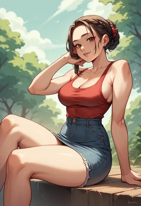 beautiful young asian girl, braided updo hairstyle, wearing a red tank top, short jeans skirt, curvy body, sitting on grandpa&#39;s lap wearing a snapback hat and sunglasses, sitting in a gaming chair in front of a gaming computer set, neon blue room backg...