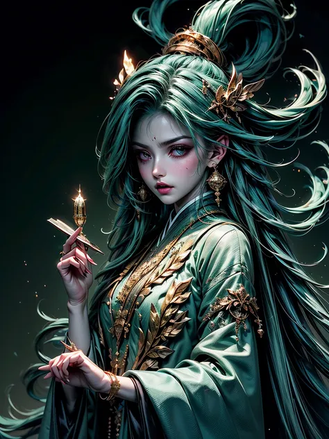 anime witch,hair color azure,eye color dark green,the scale of the painting is breathtaking,casts a spell and everything rises w...