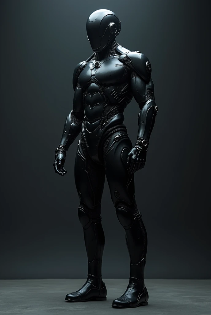 An ultrarealistic photograph of a futuristic full body power suit, made of black mate metal and polymer, full crystal hull, for a man, visible wires, imposing, modern minimalism, elegant, dystopia, mysterious, godlike, scary, in a dark room, 8k