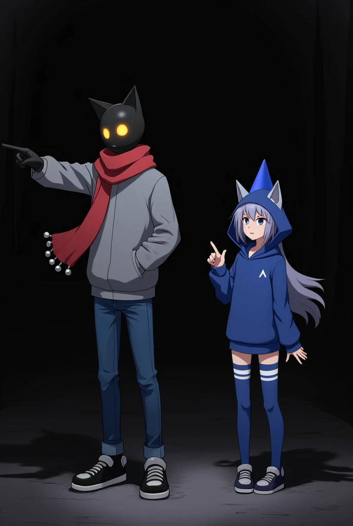 Anime pointing, black void man, with orange hollow eyes, red scarf, gray hoodie, blue jeans, with a girl, wearing a blue hoodie with only 2 white stripes on the chest of the hoodie and arms, blue thigh highs with white strips only 2, wearing blue cone on h...