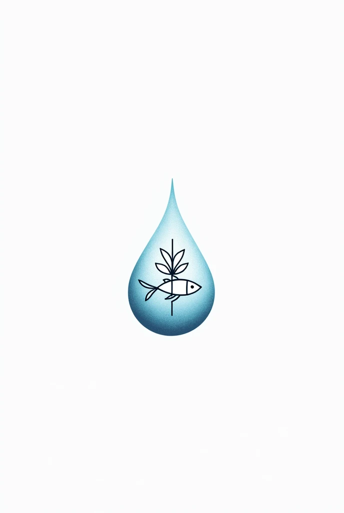 Logo of a fish and a plant together, inside a drop of water, with a white background and a blue color palette. With lines, Unfilled.