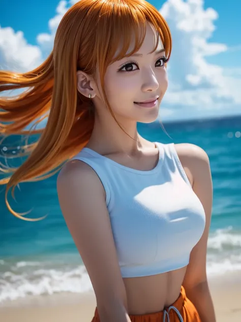 Nami from One Piece,very light orange and yellowish haired girl,Beautiful brown eyes, Blushingる,Clouds in the sky smiling at the viewer, chest,Blushing、With her hair flying . She should wear a crop top and shorts.アートスタイルはRealisticで写実的である必要があります. Regarding ...