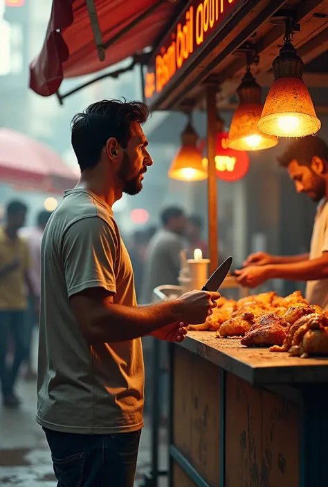 youd picture Messi in casual attire . The stall, with a sign that reads "Bismi Chicken Stall," Messi, possibly holding some indian rupees , is interacting with the vendor while considering his choices. The butcher is cutting chicken with a knife 