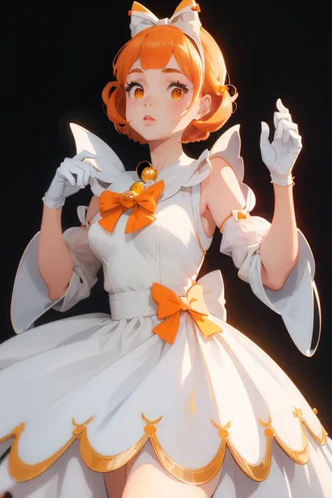 Concept art, beautiful young anime girl, 1950s style haircut, orange bow ((on head)), orange eyes, white 1950s vintage dress((all white)), black ((bow on dress collar)) ((with gold bell center)), white gloves, futuristic retro background, 50s Sci-fi, 1950s...