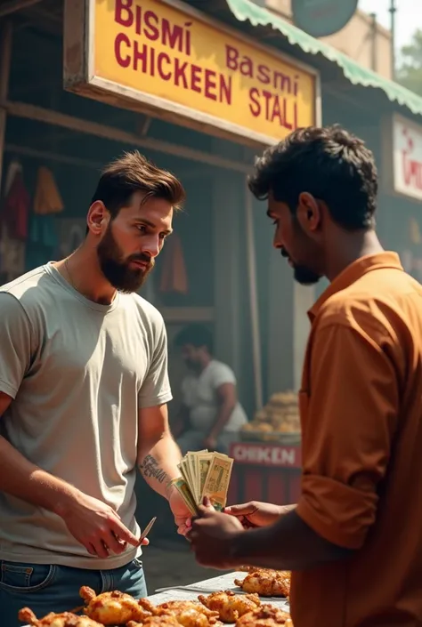 youd picture Messi in casual attire . The stall, with a sign that reads "Bismi Chicken Stall," Messi, possibly holding some indian rupees , is interacting with the vendor while considering his choices. The butcher is cutting chicken with a knife 