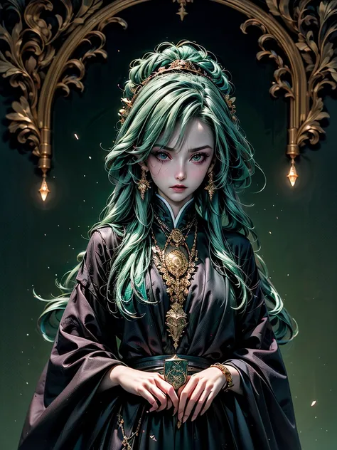 anime witch,hair color azure,eye color dark green,the scale of the painting is breathtaking,casts a spell and everything rises w...