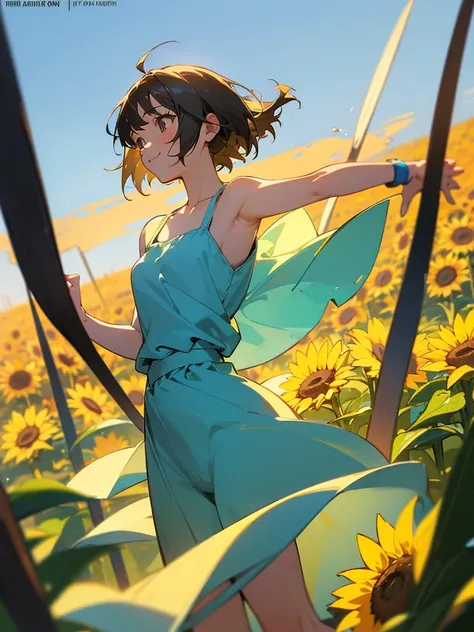  master piece, best quality, for below, cinematic angle, upper body , pigeon toed,  
Anime-style Moe illustration, summer vacation theme, 20-year-old woman, sunflower field, short hair, 
Picnic Maxi Dress, slightly inner thighs, smile, accurate drawing, Ac...