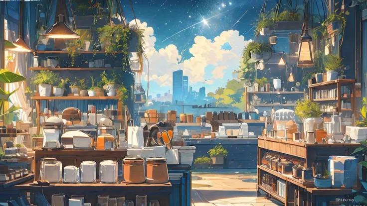 (masterpiece:1.2), best quality,pixiv,Warm animated scenes,
Sight, night, window, No humans, Sky, plant, night Sky, Pillow, Cityscape, floor, Star (Sky), books, a chair, cloud, booksshelf, City, lamp, architecture, in, potted plant, Starry Sky, City lights...