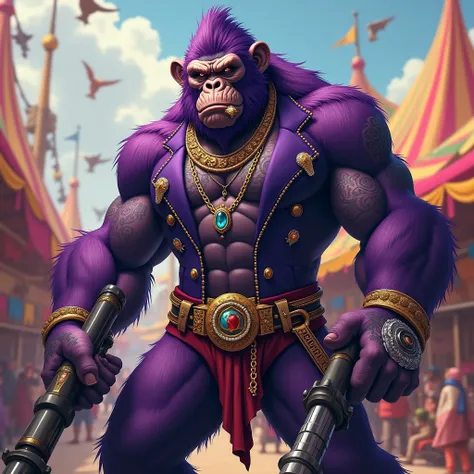 Purple Ape, with giant weapons, with gangster SUIT with chains, tattooed, with diamond and gold rings, smoking with a pipe, at an Indian fair, has to be in the foreground