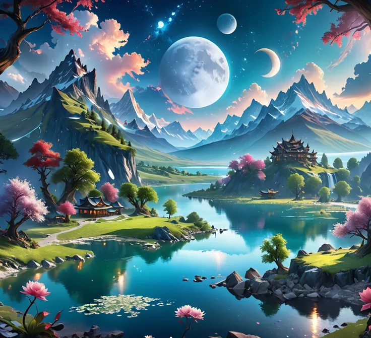 mountains and a lake with a moon in the sky, 4k highly detailed digital art, 4 k hd wallpaper very detailed, impressive fantasy landscape, sci-fi fantasy desktop wallpaper, unreal engine 4k wallpaper, 4k detailed digital art, sci-fi fantasy wallpaper, epic...