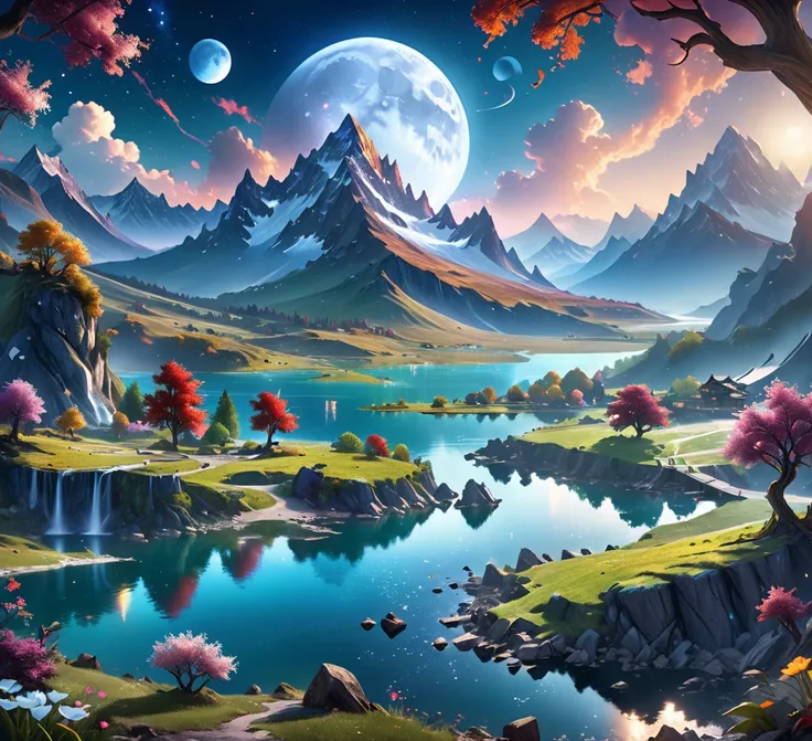 mountains and a lake with a moon in the sky, 4k highly detailed digital art, 4 k hd wallpaper very detailed, impressive fantasy landscape, sci-fi fantasy desktop wallpaper, unreal engine 4k wallpaper, 4k detailed digital art, sci-fi fantasy wallpaper, epic...