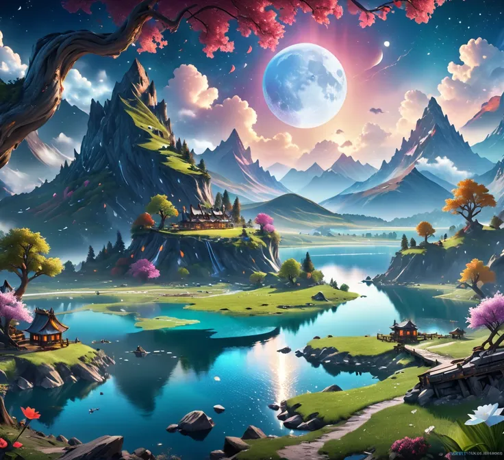 mountains and a lake with a moon in the sky, 4k highly detailed digital art, 4 k hd wallpaper very detailed, impressive fantasy landscape, sci-fi fantasy desktop wallpaper, unreal engine 4k wallpaper, 4k detailed digital art, sci-fi fantasy wallpaper, epic...