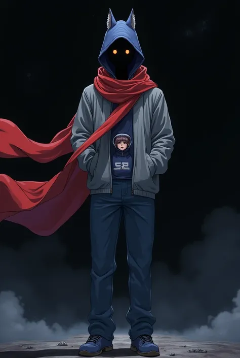 Anime pointing, black void man 64, with orange hollow eyes, red scarf, gray hoodie, blue jeans, with a girl that is 68 , wearing a blue hoodie with only 2 white stripes on the chest of the hoodie and arms, blue thigh highs with white strips only 2, wearing...