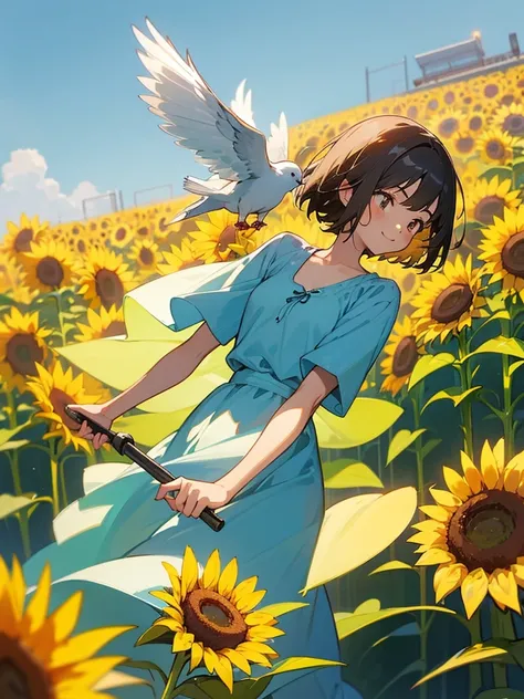  master piece, best quality, for below, cinematic angle, upper body , pigeon toed,  
Anime-style Moe illustration, summer vacation theme, 20-year-old woman, sunflower field, short hair, 
Picnic Maxi Dress, slightly inner thighs, smile, accurate drawing, Ac...