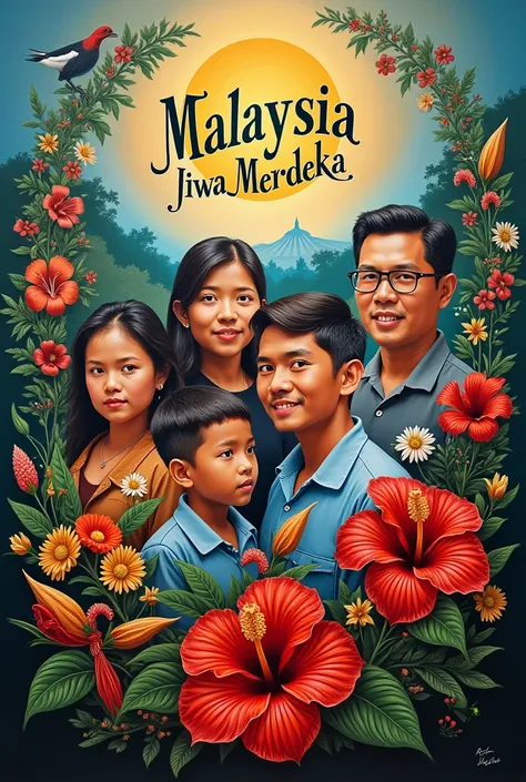 Malaysia&#39;s 67th Independence Day painting,the beauty and uniqueness of the states of Malaysia and contains a large title "malaysia madani jiwa merdeka" and there are 4 people of simple race including the knyalang bird,Hibiscus 