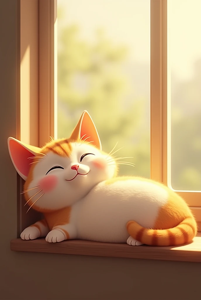 A chubby, big-eyed, and adorable cat named Tama is lounging on a sunny windowsill, basking in the warm sunlight. The cat looks completely relaxed, with its eyes half-closed and a content expression on its face. The scene is very realistic, with detailed fu...