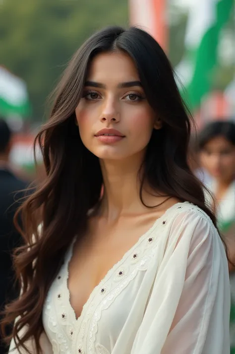 An extremely beautiful Pakistani girl in white dress with Pakistan independence day background. Ultra 8k resolution 