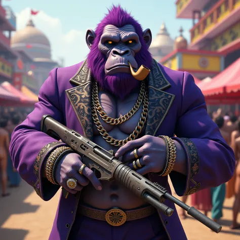 Purple Ape, With giant and high-caliber weapons, with gangster SUIT with chains, tattooed, with huge diamond and gold rings, smoking with a pipe, at an Indian fair, has to be in the foreground