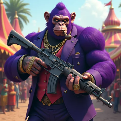 Purple Ape, With giant and high-caliber weapons, with gangster SUIT with chains, tattooed, with huge diamond and gold rings, smoking with a pipe, at an Indian fair, has to be in the foreground