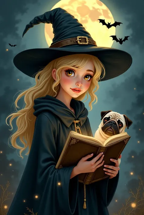 Witch with black witch hat, brown eyes, short shoulder length blonde hair , with an old open book  , with a pug dog with attitude , at night, with the full moon and bats in the background 