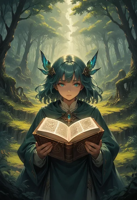 Anime Witch,Hair Color Azure,Eye Color Dark Green,The scale of the painting is breathtaking,Casts a Spell and Everything Rises with Gusts of Wind,Charming with a Beautiful Figure,hands up,Spell Book Glows Golden Color, the forest, High Definition Wallpaper...