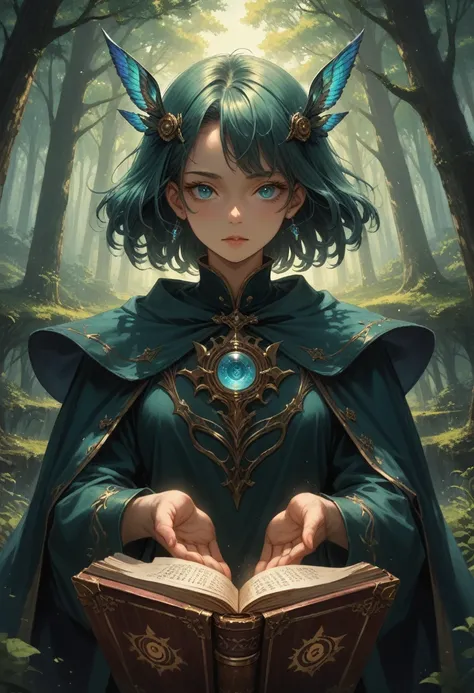 anime witch,hair color azure,eye color dark green,the scale of the painting is breathtaking,casts a spell and everything rises w...