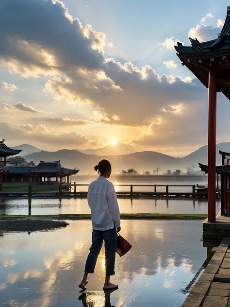 software, one person, focus only, throw, very wide shot, landscape, east asian architecture, sunlight, sunrise, floating, cloud,...