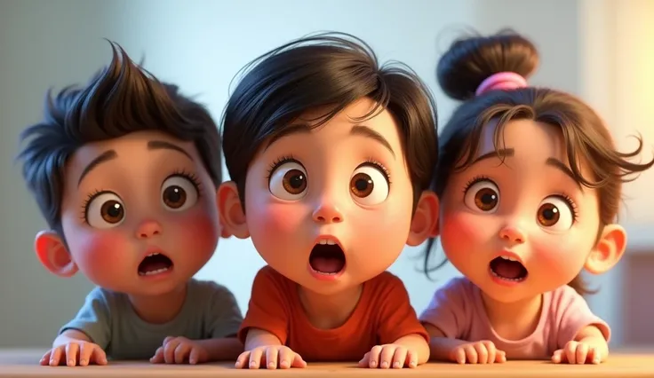 3 different kids facing the camera with a expression surprised, incredulous, Pixar style