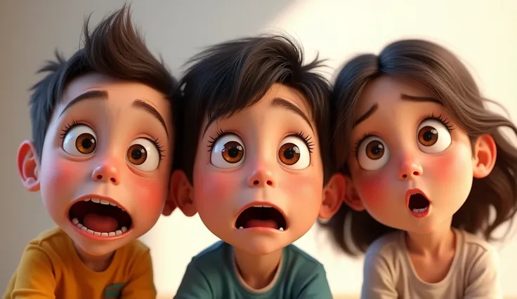 3 different kids facing the camera with a expression surprised, incredulous, Pixar style