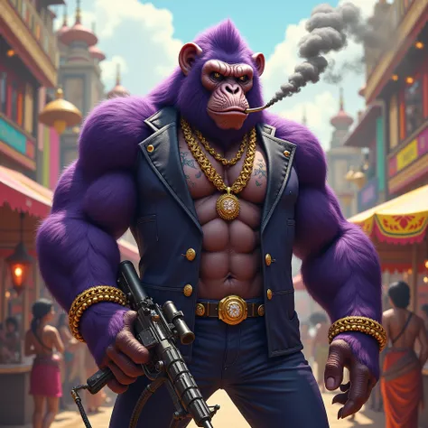 Purple Ape, With giant and high-caliber weapons, with gangster SUIT with chains, tattooed, with huge diamond and gold rings, smoking with a pipe, at an Indian fair, has to be in the foreground