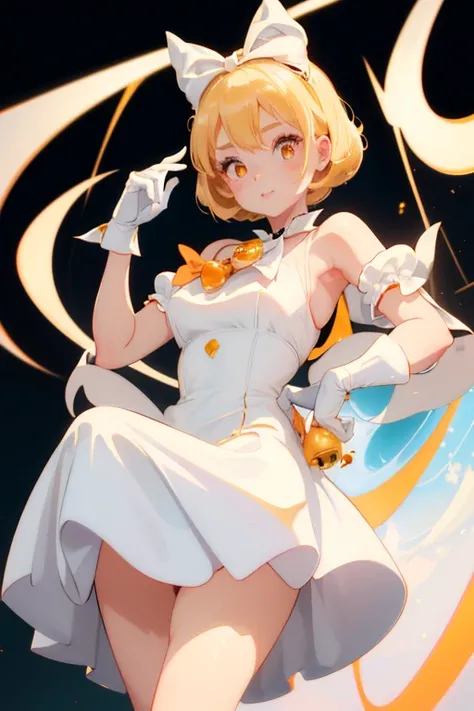 Concept art, beautiful young anime girl, blonde 1950s style haircut, orange bow ((on head)), orange eyes, white 1950s vintage dress((all white)), black ((bow on dress collar)) ((with gold bell center)), white gloves, futuristic retro background, 50s Sci-fi...