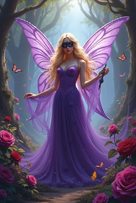  world beautiful god fairy wearing a purple gown and a magic stick and yellow hair and a black  face mask and purple+red roses background with her empire and around nature fairy beautiful animals and butterflies.   Like aura