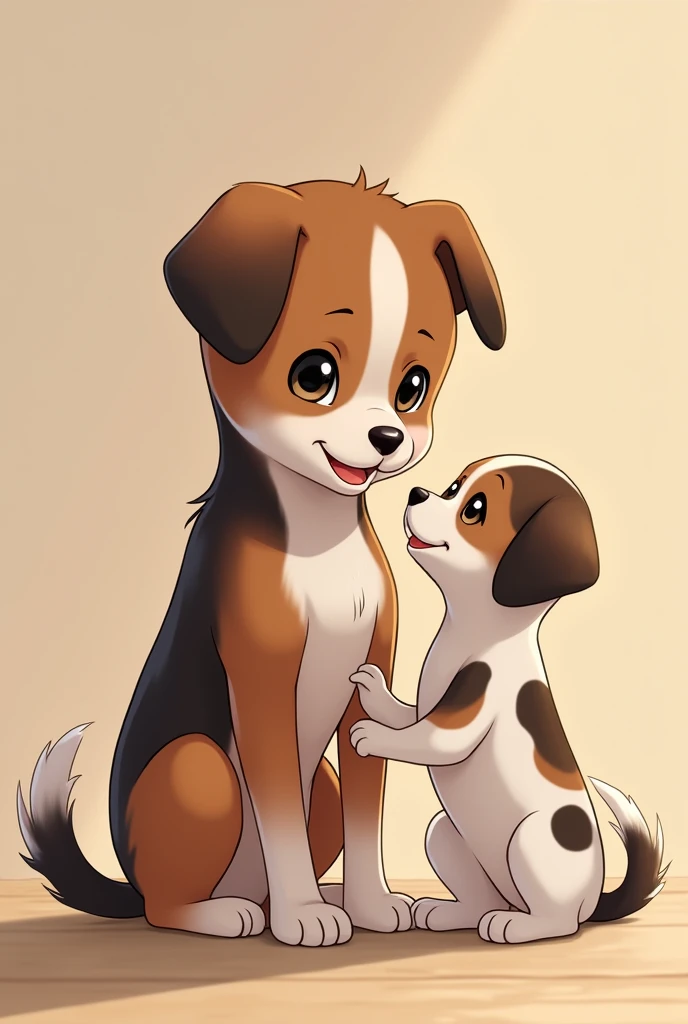 They are two dogs, one of them is 1 year and a half old., fur: The puppy has a short, two-colored coat.: mainly brown with white , especially on the head and legs. eyes: Sus ojos son de Size mediano, dark and round. ears: He has big, pointed ears., body: P...