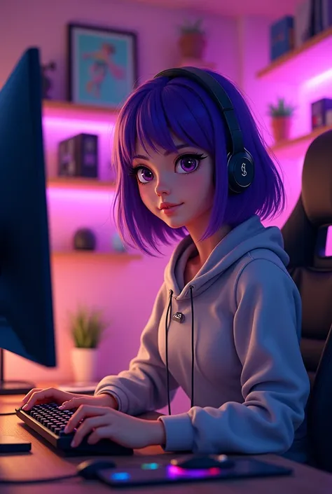 Real purple hair gamer girl