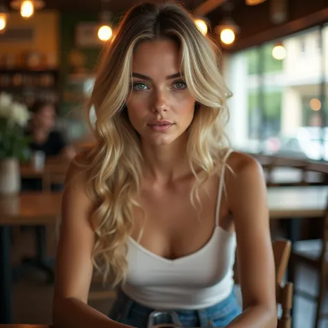 hyperealistic photo, A beautiful blonde woman with long hair, wearing a white tank top and jeans, sits in a coffee shop near a window, having breakfast on a table, looking at the camera, with high details, in the portrait photography style, using natural l...