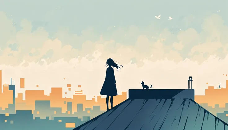 Standing on the roof，Girl on the Rooftop，Simple lines，Minimalism，Abstraction，Urban Background