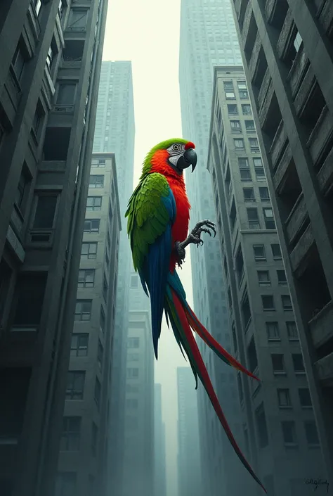 A parrot trapped in an urban environment with towering concrete buildings.