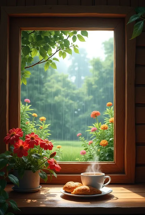 Image of a wooden window in a camping house with the rain falling outside on trees with beautiful flowers and a table with a hot coffee and some delicious champurradas