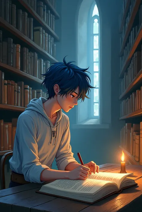 1 male, Watercolor Texture, Blue Hair, Soft colors, Illustration Anime, I&#39;m in the library,German,middle ages